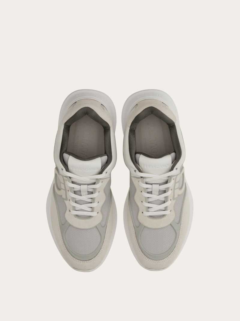 Ferragamo | Men's Low Top Sneaker With Gancini Ornament - Optic White/Grey