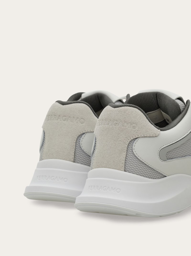 Ferragamo | Men's Low Top Sneaker With Gancini Ornament - Optic White/Grey