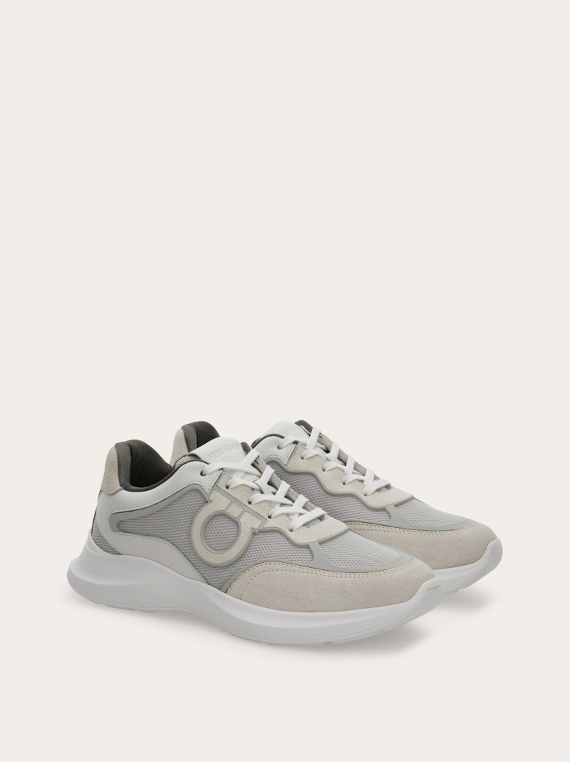 Ferragamo | Men's Low Top Sneaker With Gancini Ornament - Optic White/Grey