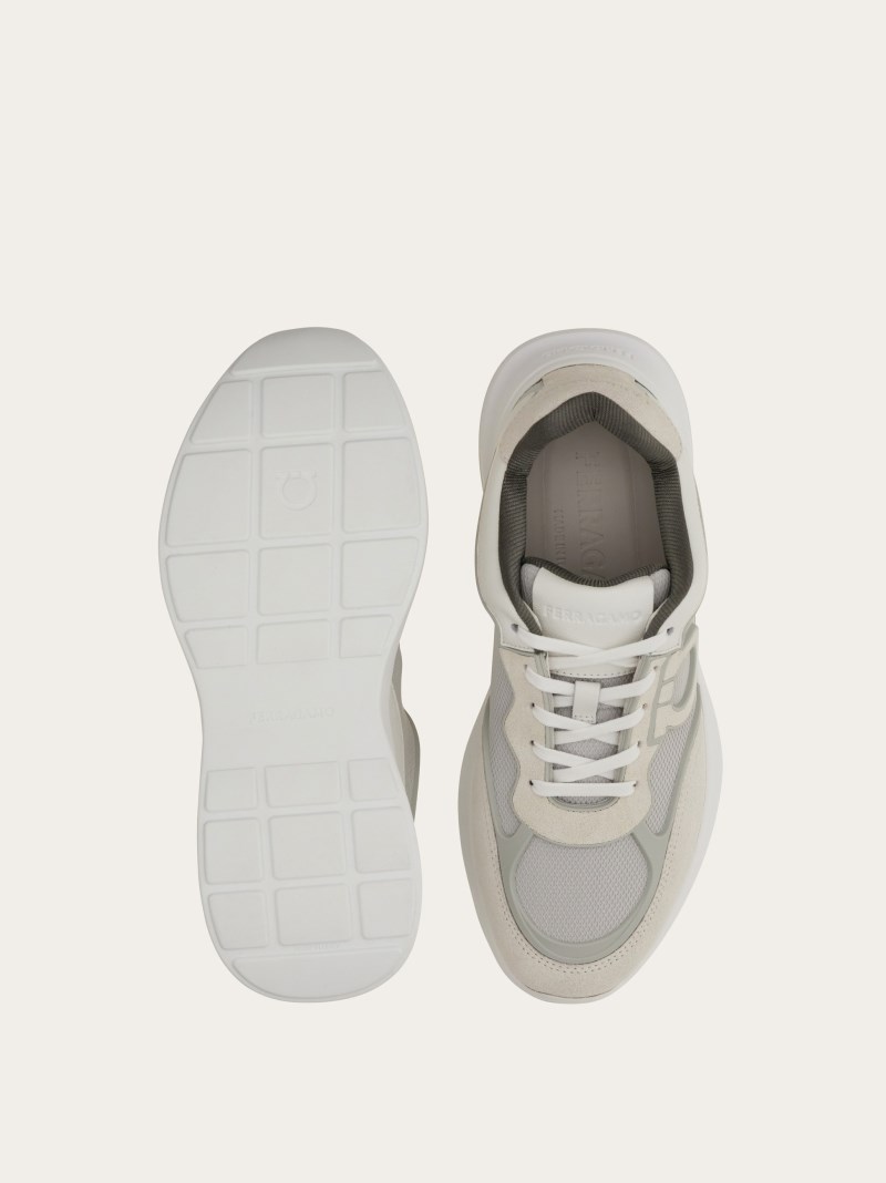 Ferragamo | Men's Low Top Sneaker With Gancini Ornament - Optic White/Grey