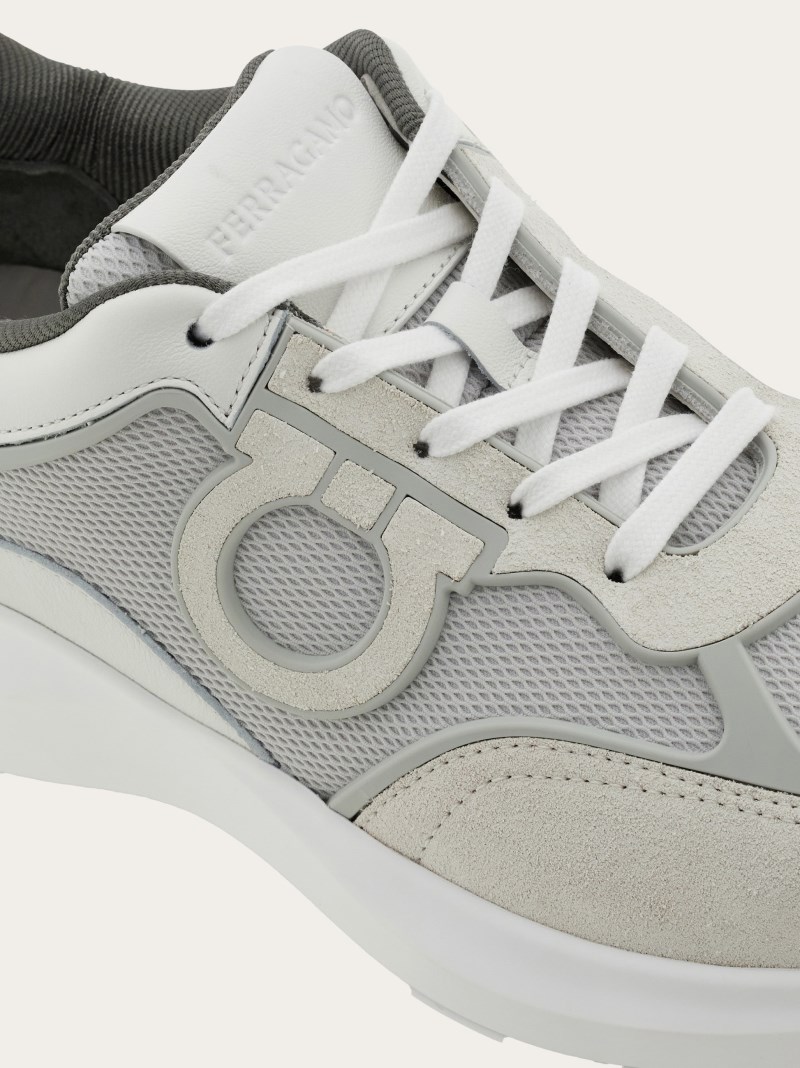 Ferragamo | Men's Low Top Sneaker With Gancini Ornament - Optic White/Grey