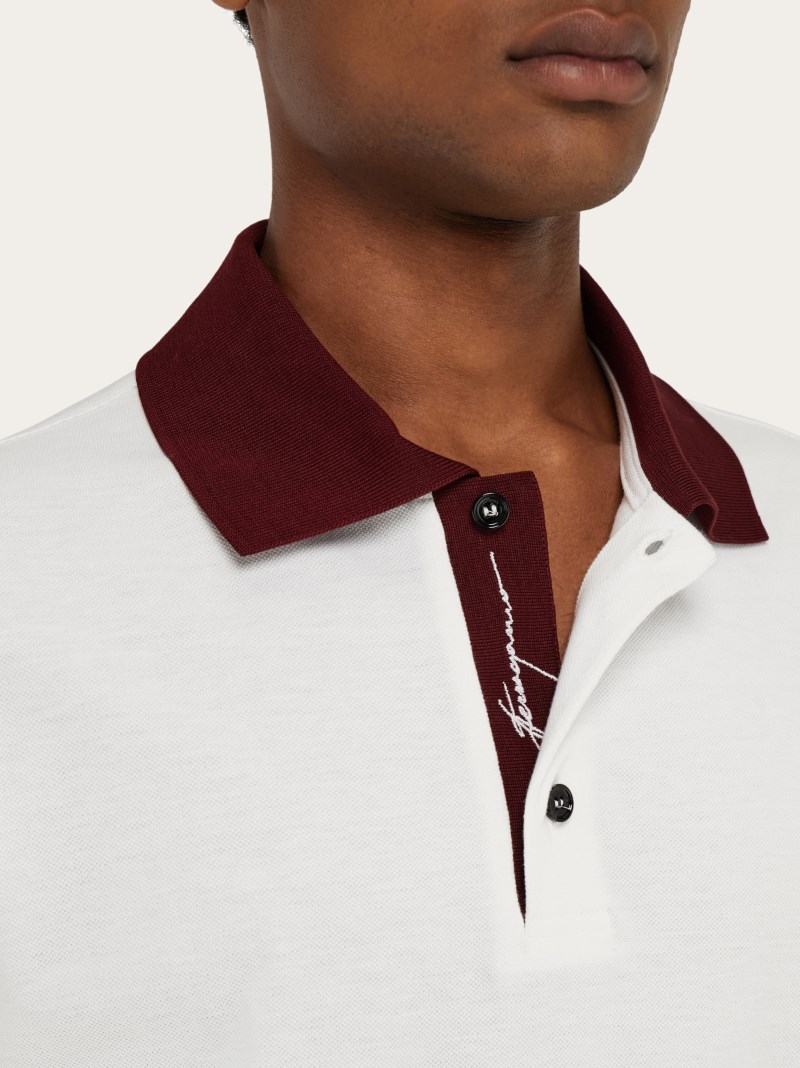 Ferragamo | Men's Polo Shirt With Color Block Detail - White/Bordeaux