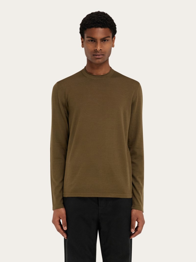 Ferragamo | Men's Light Sweater With Embroidered Signature - Olive Green