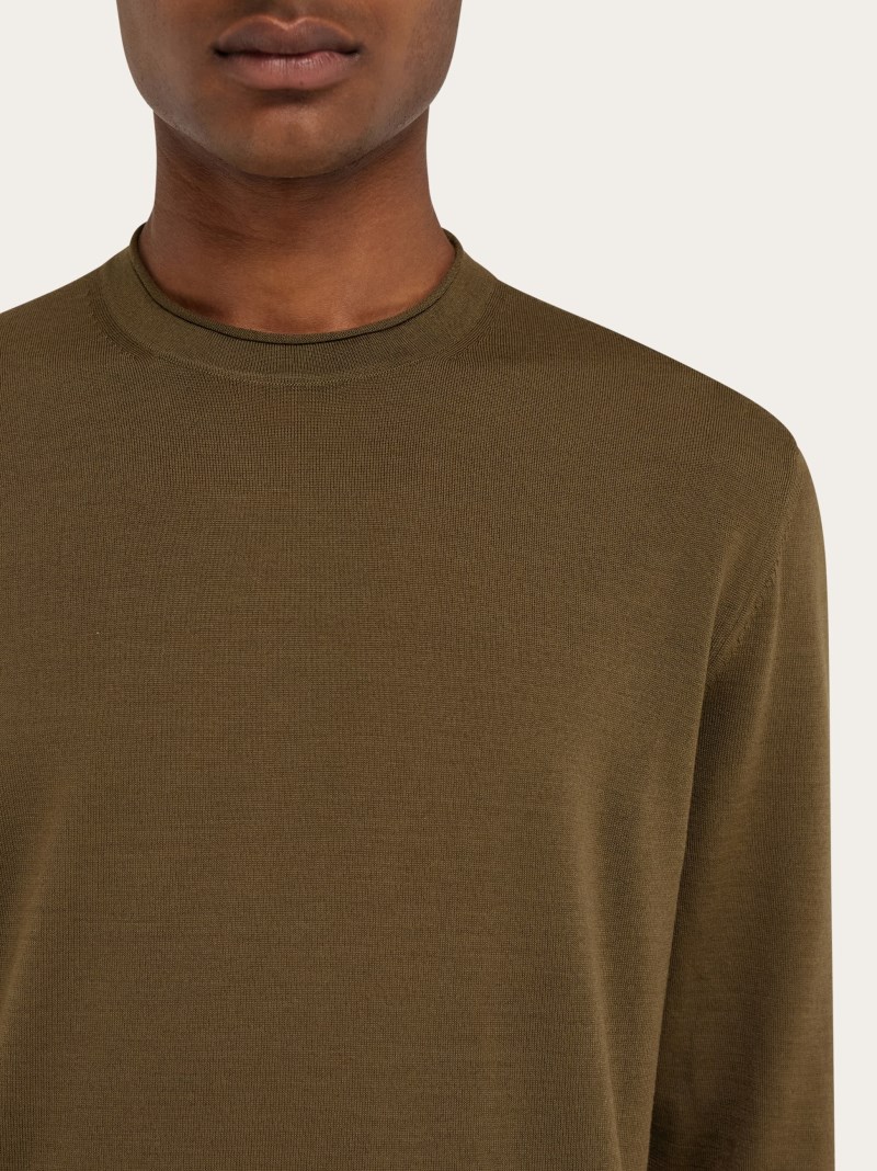 Ferragamo | Men's Light Sweater With Embroidered Signature - Olive Green