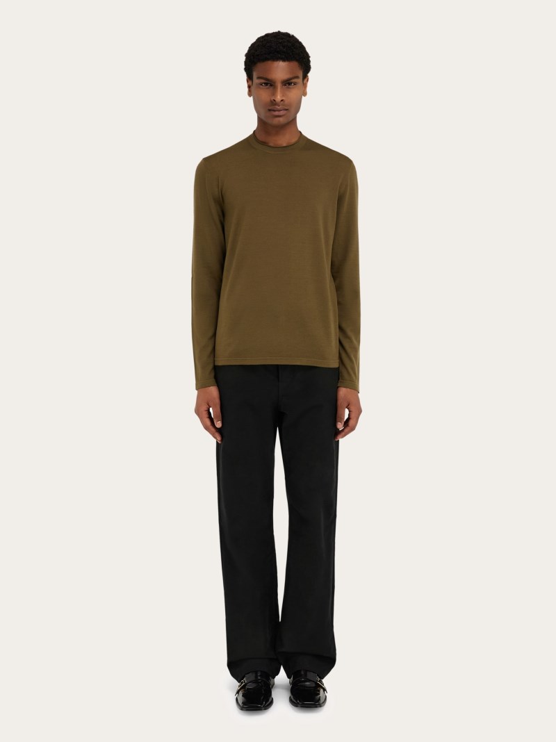 Ferragamo | Men's Light Sweater With Embroidered Signature - Olive Green