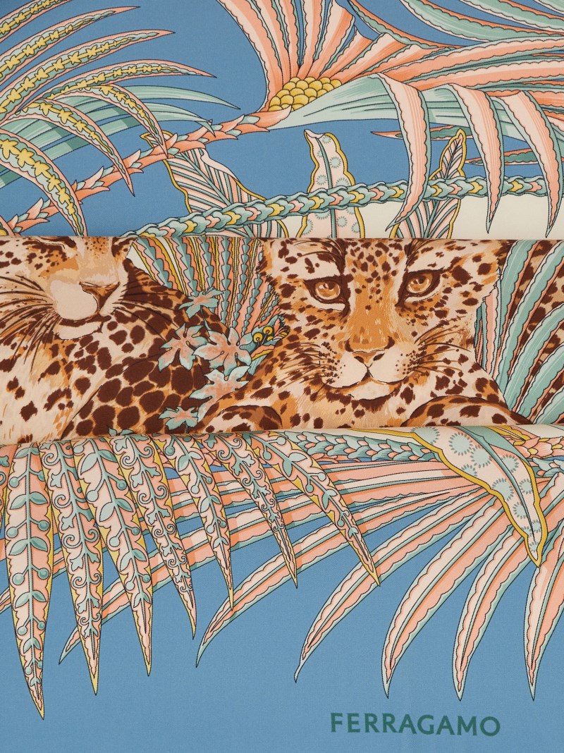 Ferragamo | Women's Leopard Print Silk Scarf - Light Blue/Turquoise