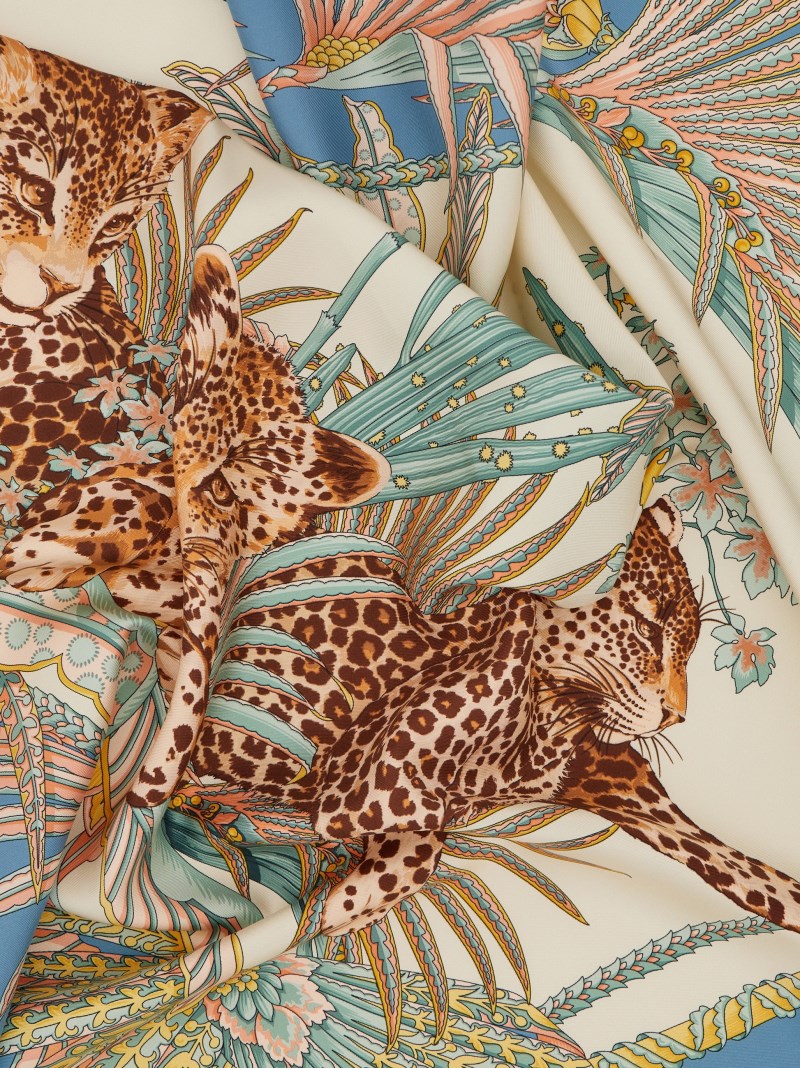 Ferragamo | Women's Leopard Print Silk Scarf - Light Blue/Turquoise