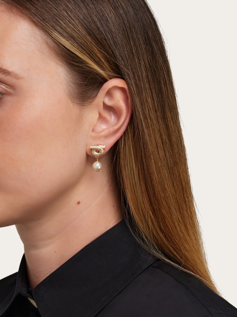 Ferragamo | Women's Gancini Earrings With Pearls And Crystals - Gold