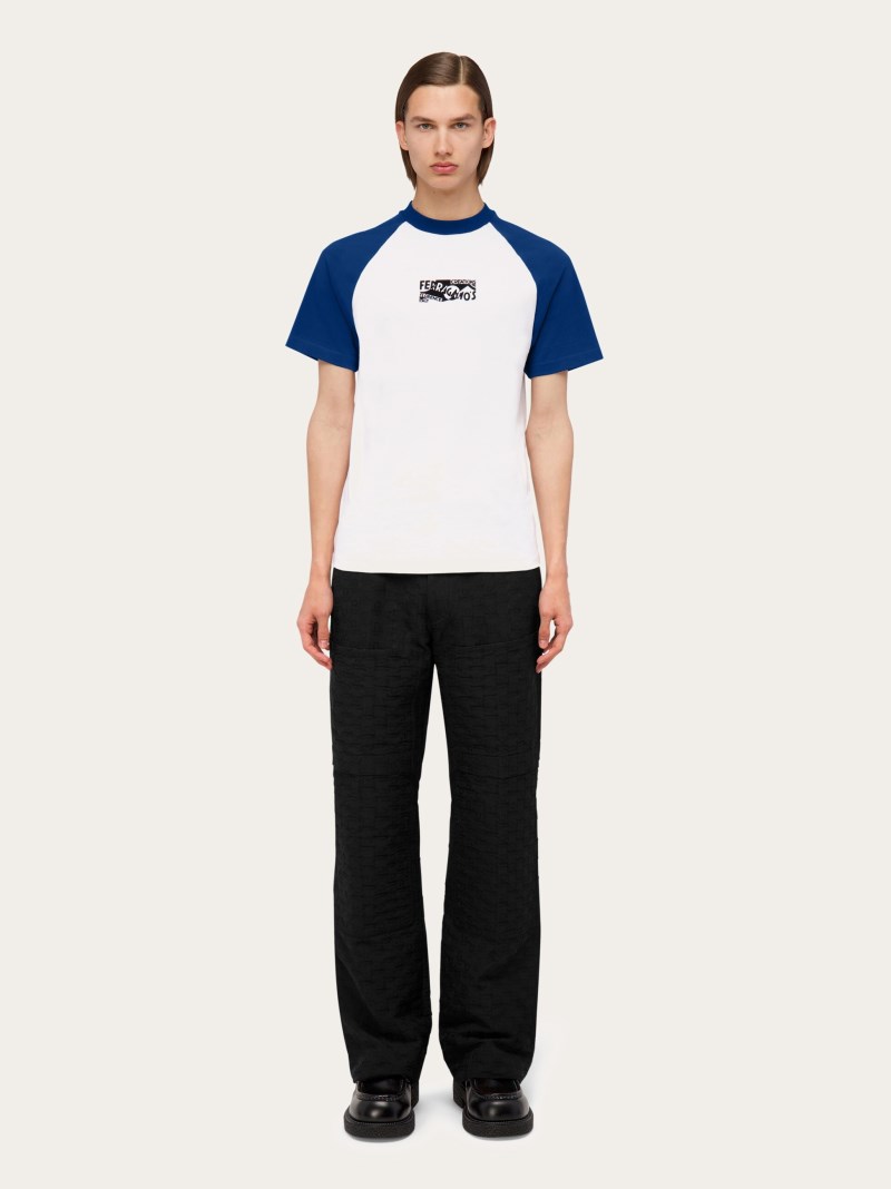 Ferragamo | Men's Flocked Print T-Shirt - White/Teal Blue