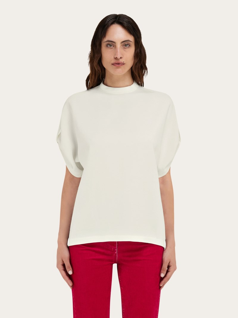 Ferragamo | Women's Crew Neck T-Shirt With Turned Up Sleeve - Mascarpone