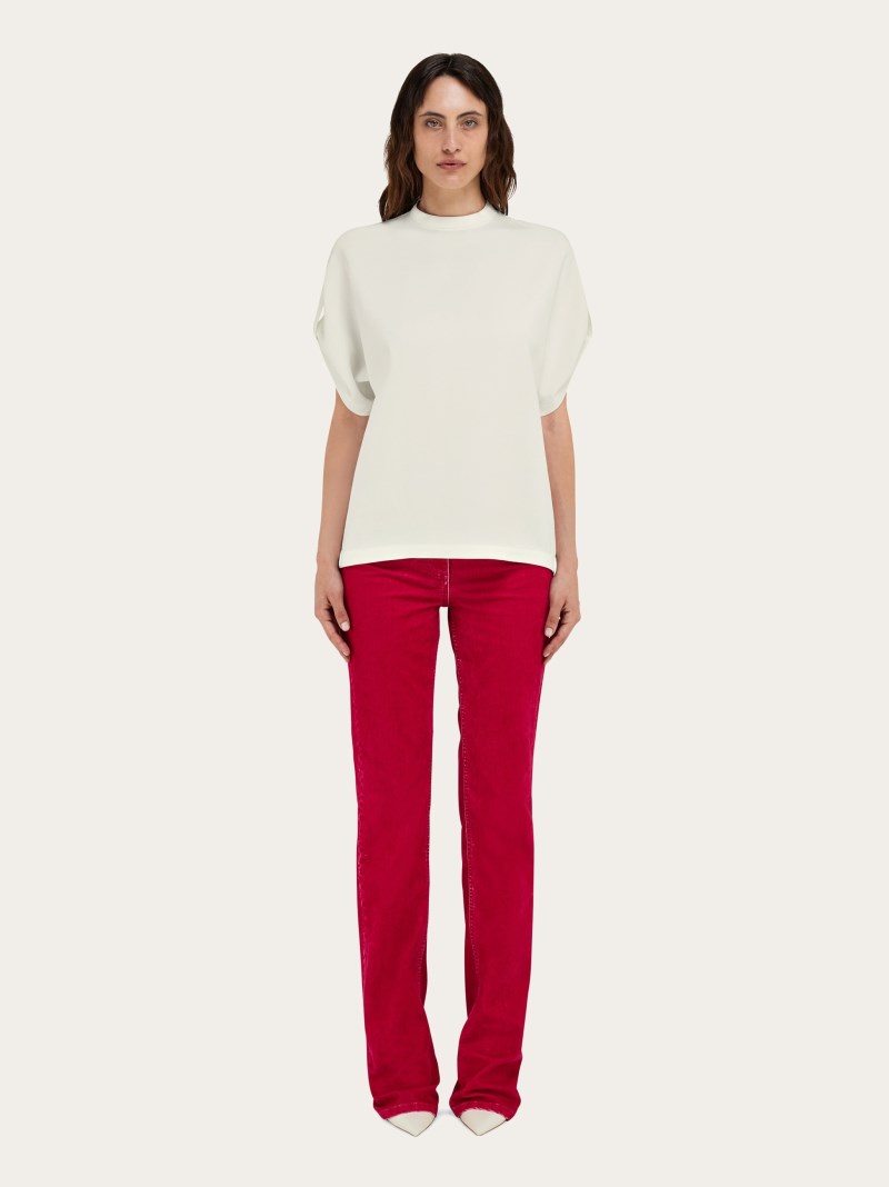 Ferragamo | Women's Crew Neck T-Shirt With Turned Up Sleeve - Mascarpone