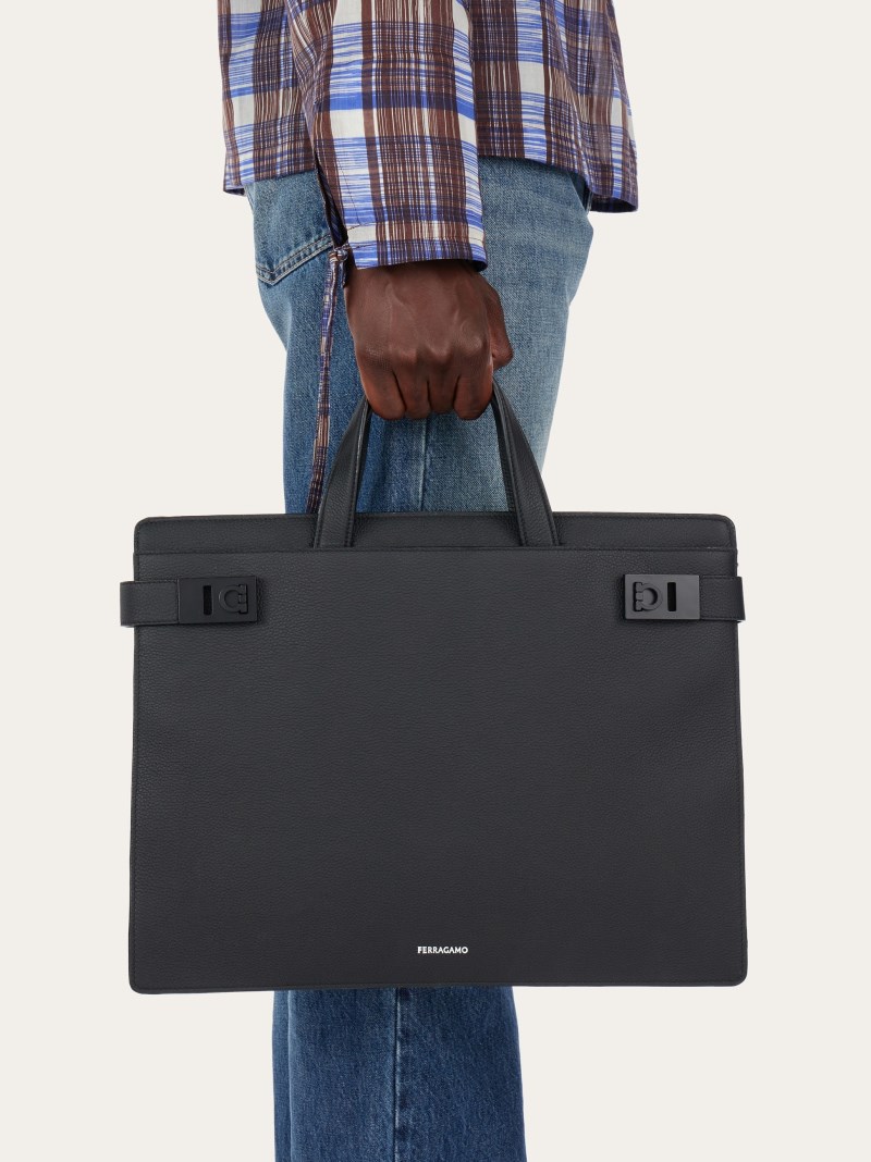 Ferragamo | Men's Briefcase With Gancini Buckles - Black