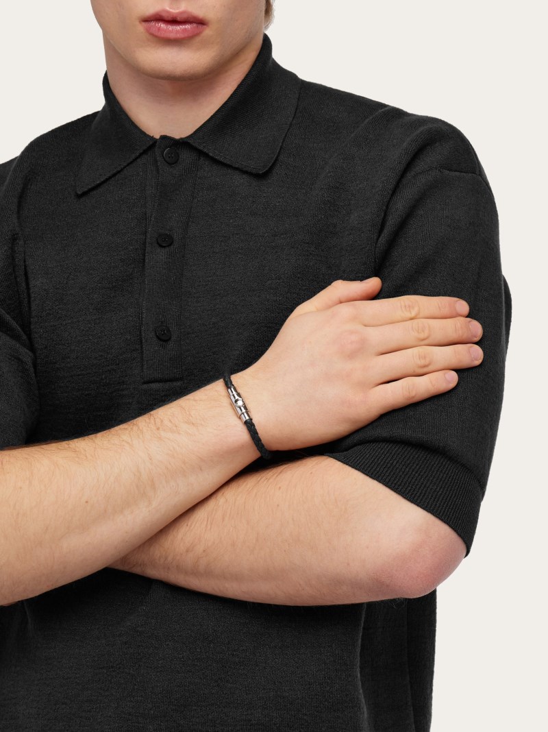 Ferragamo | Men's Braided Leather Bracelet - Black (Size 19)