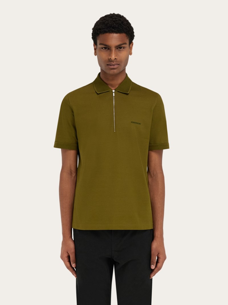 Ferragamo | Men's Polo Shirt With Zip Collar - Olive Green