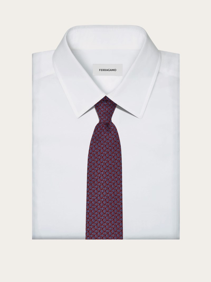 Ferragamo | Men's Jacquard Tie With Diagonal Gancini - Blue/Bordeaux