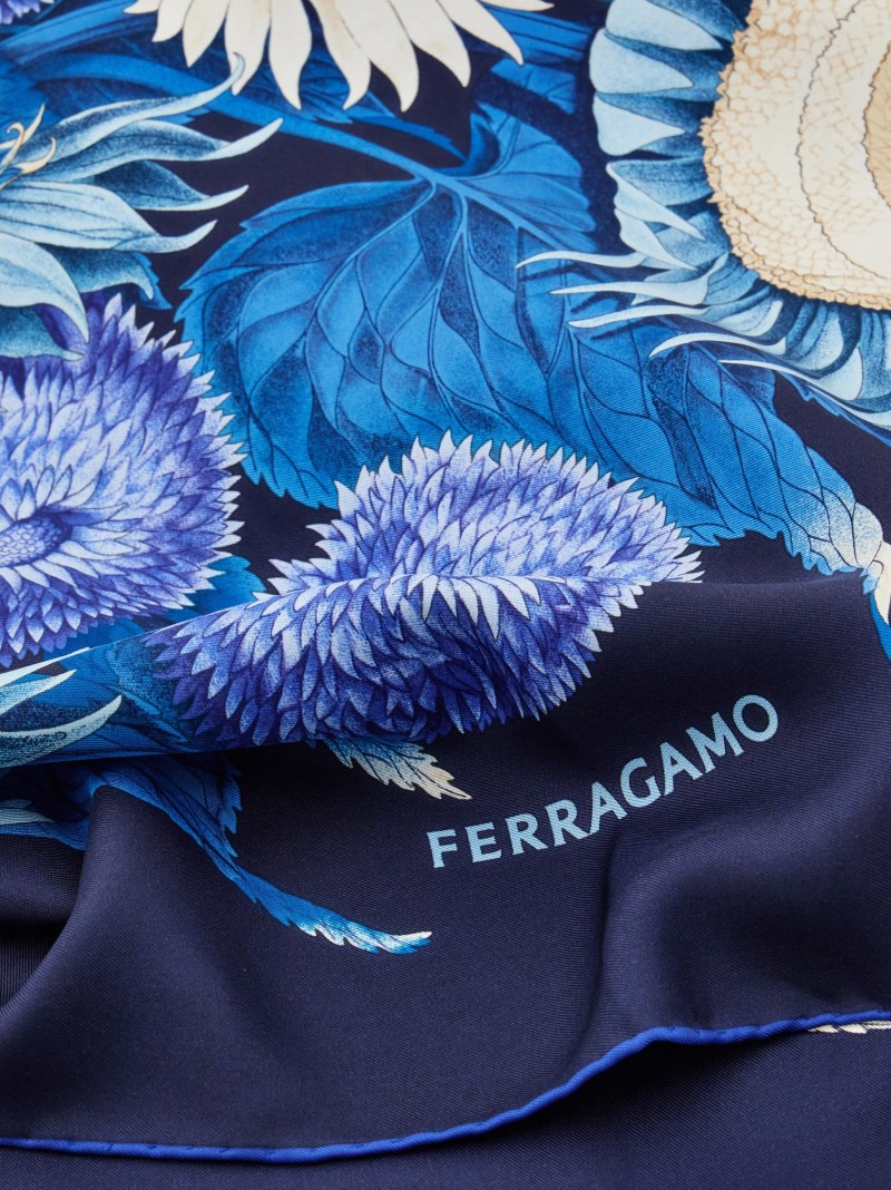 Ferragamo | Women's Sunflower Print Silk Scarf - Marine Blue