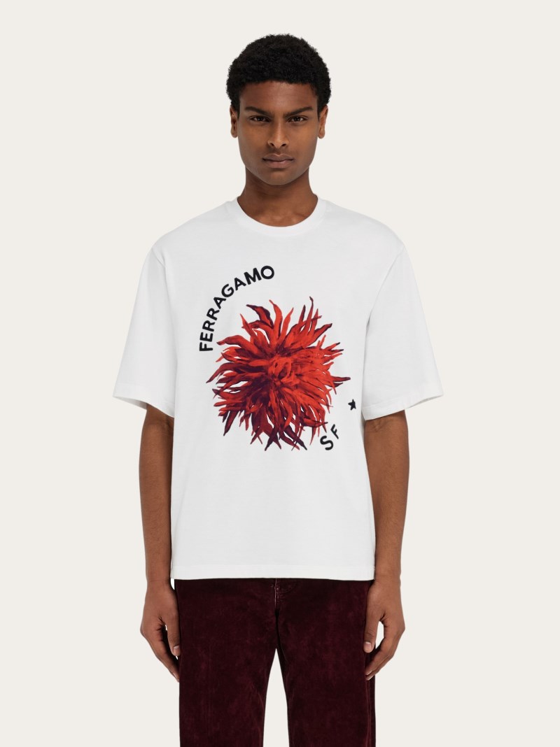 Ferragamo | Men's Short Sleeved T-Shirt With Maxi Print Detail - White/Red/Bordeaux
