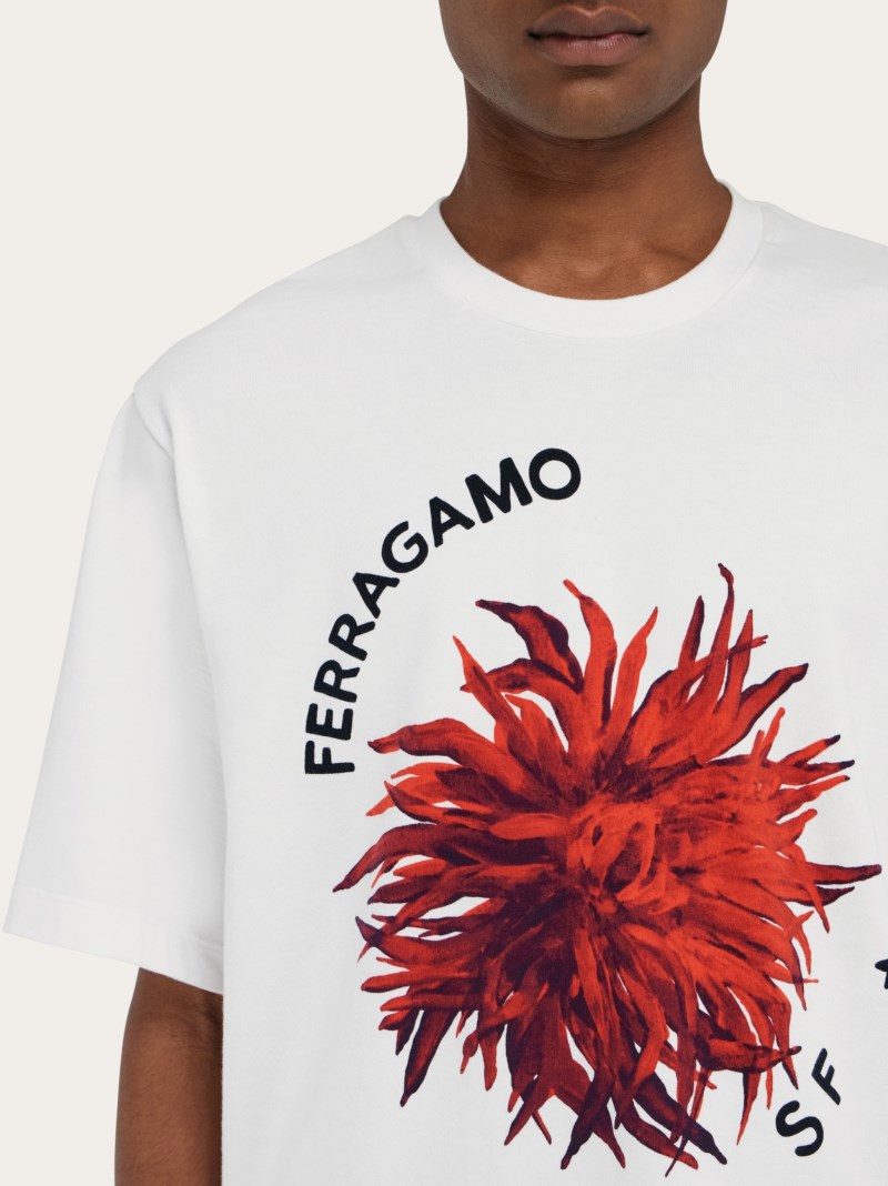 Ferragamo | Men's Short Sleeved T-Shirt With Maxi Print Detail - White/Red/Bordeaux