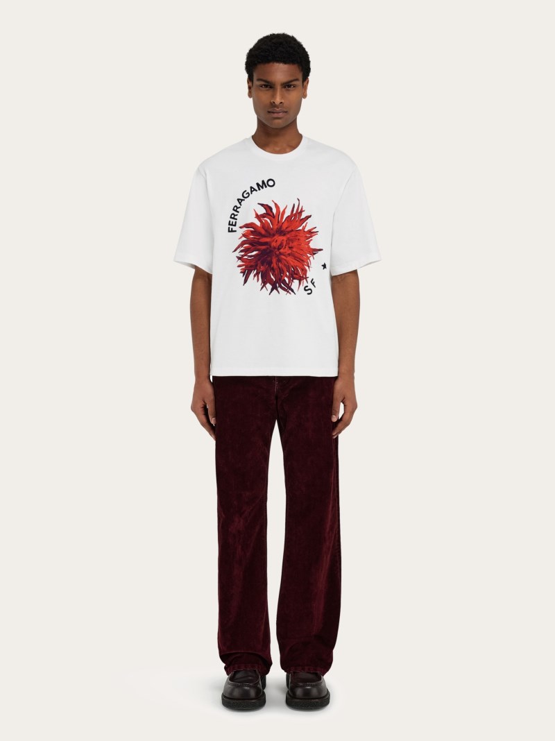 Ferragamo | Men's Short Sleeved T-Shirt With Maxi Print Detail - White/Red/Bordeaux