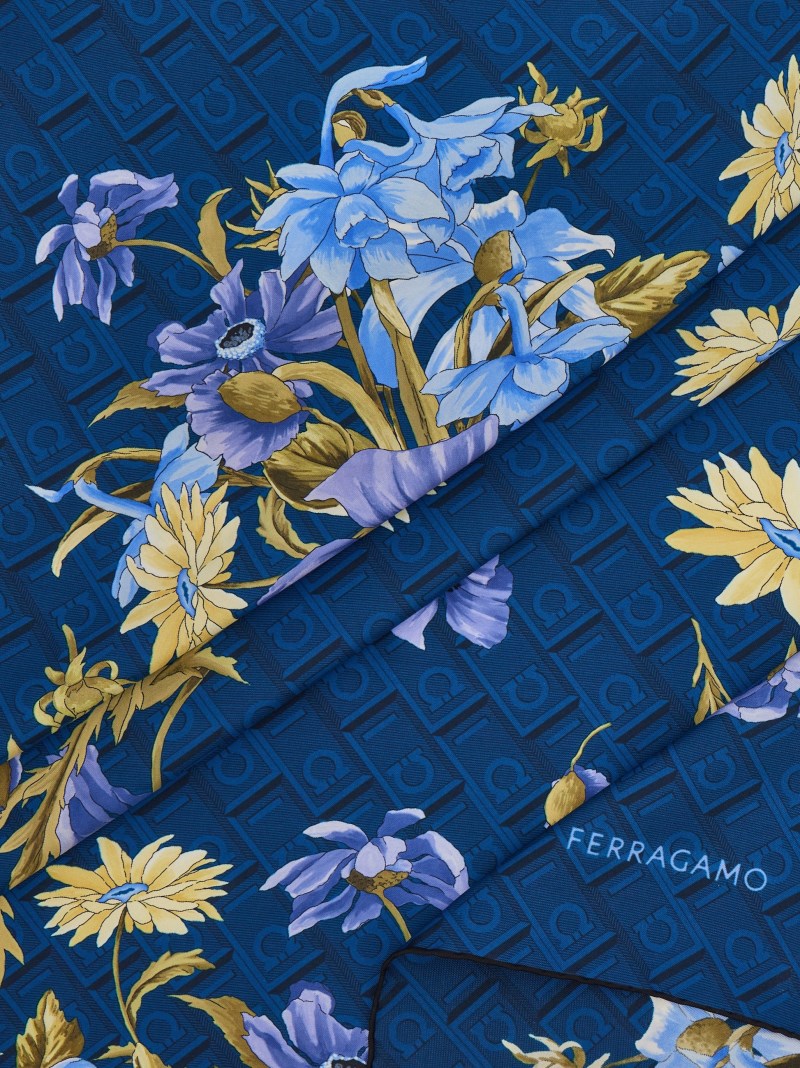 Ferragamo | Women's Bouquet Print Silk Scarf - Teal Blue