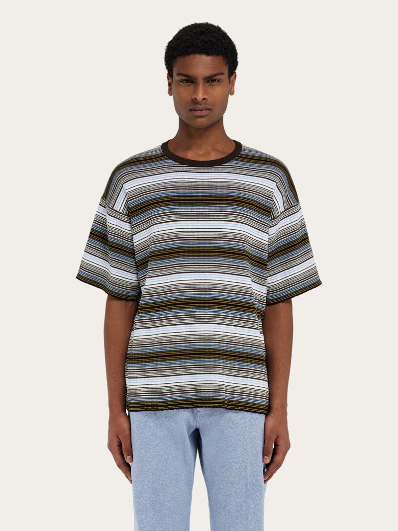 Ferragamo | Men's Short Sleeved Striped Polo Shirt - White/Expresso/Oxblood