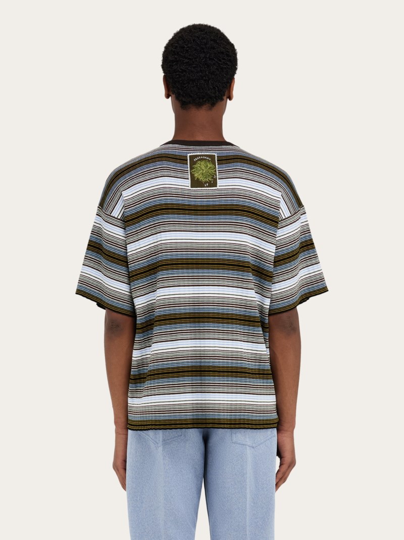 Ferragamo | Men's Short Sleeved Striped Polo Shirt - White/Expresso/Oxblood