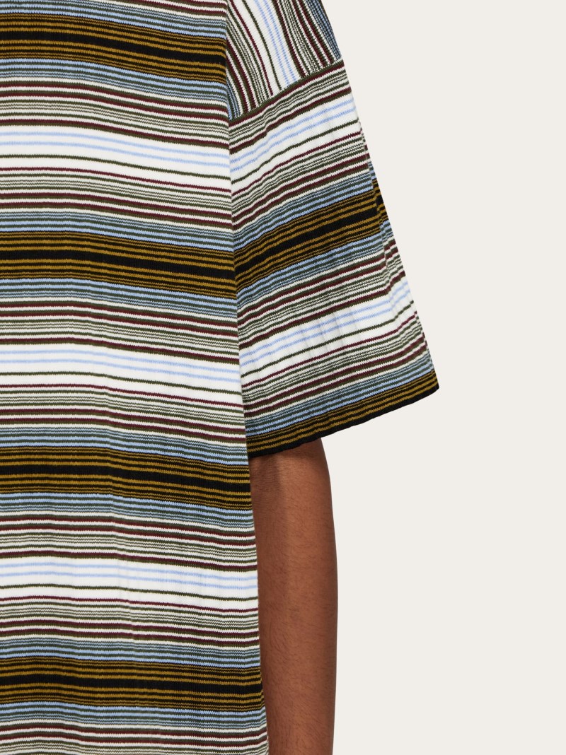 Ferragamo | Men's Short Sleeved Striped Polo Shirt - White/Expresso/Oxblood