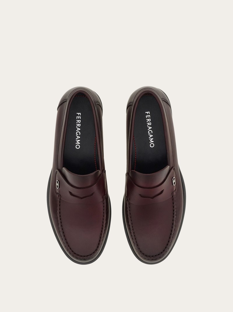 Ferragamo | Men's Penny Loafer With Gancini Ornament - Dark Barolo