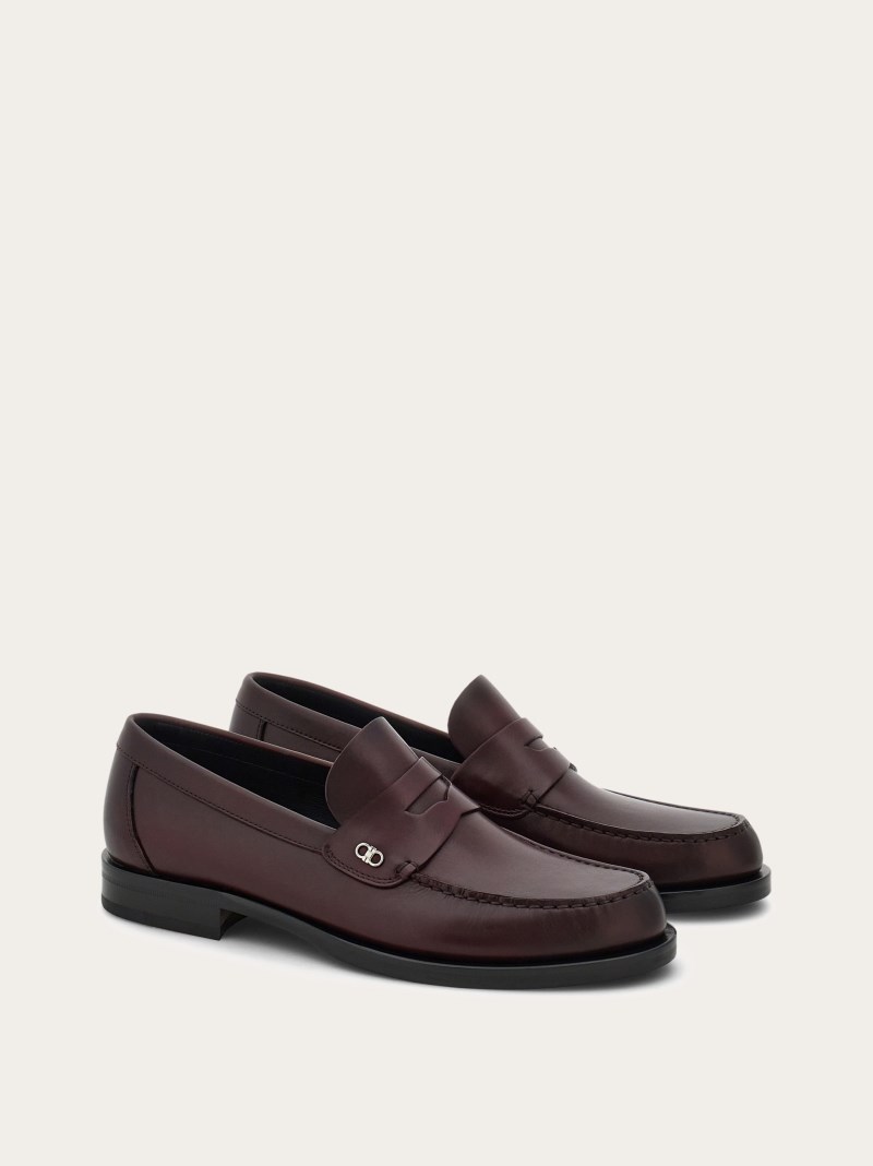 Ferragamo | Men's Penny Loafer With Gancini Ornament - Dark Barolo