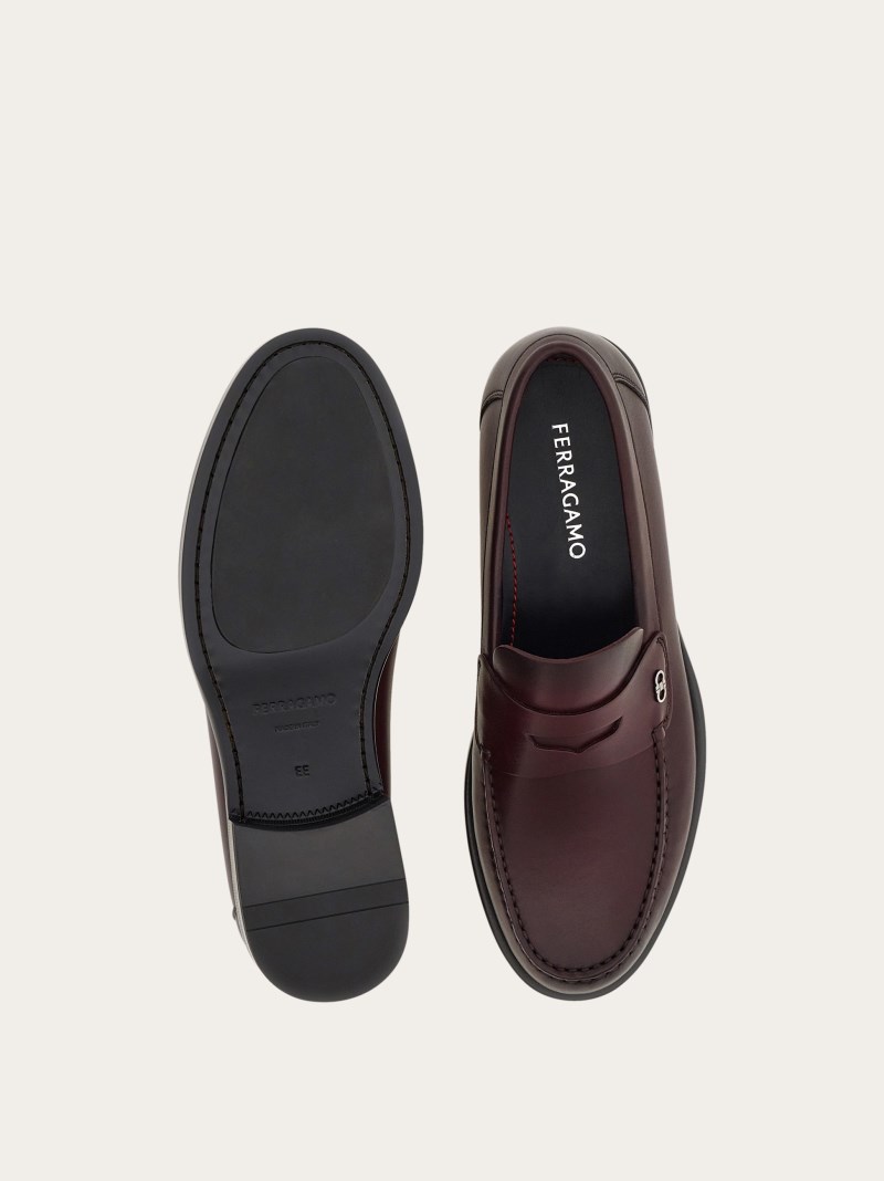 Ferragamo | Men's Penny Loafer With Gancini Ornament - Dark Barolo