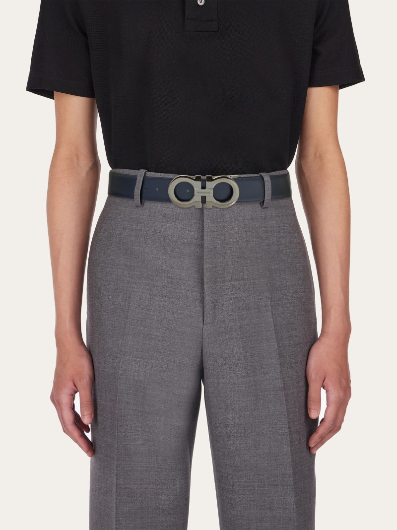 Ferragamo | Men's Reversible And Adjustable Gancini Belt - Midnight Blue/Black
