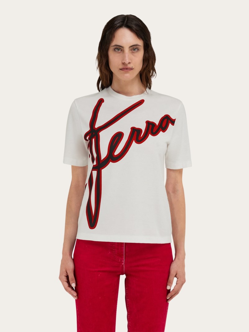 Ferragamo | Women's Short Sleeved T-Shirt With Cursive Logo Detail - White/Black/Red