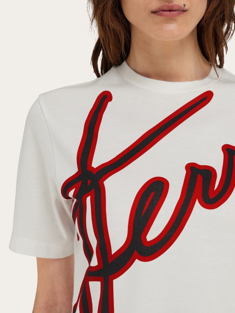 Ferragamo | Women's Short Sleeved T-Shirt With Cursive Logo Detail - White/Black/Red