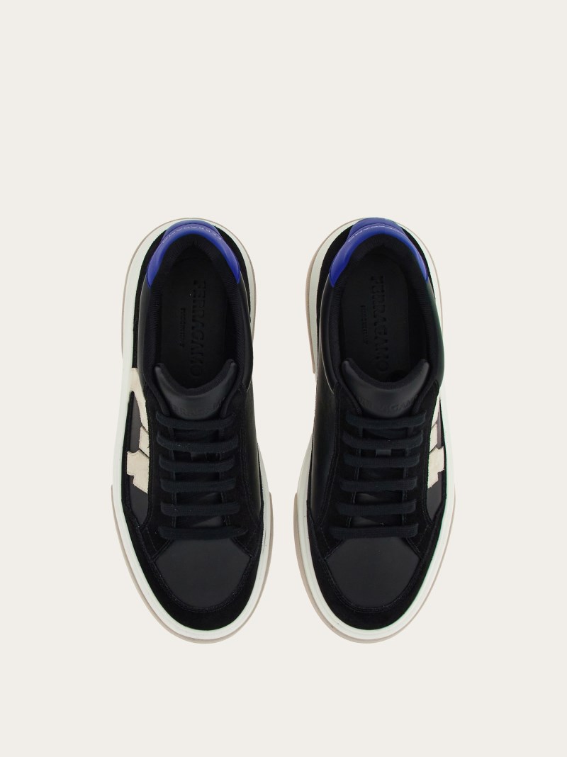 Ferragamo | Men's Low Cut Sneaker With Gancini Outline - Black/Mascarpone