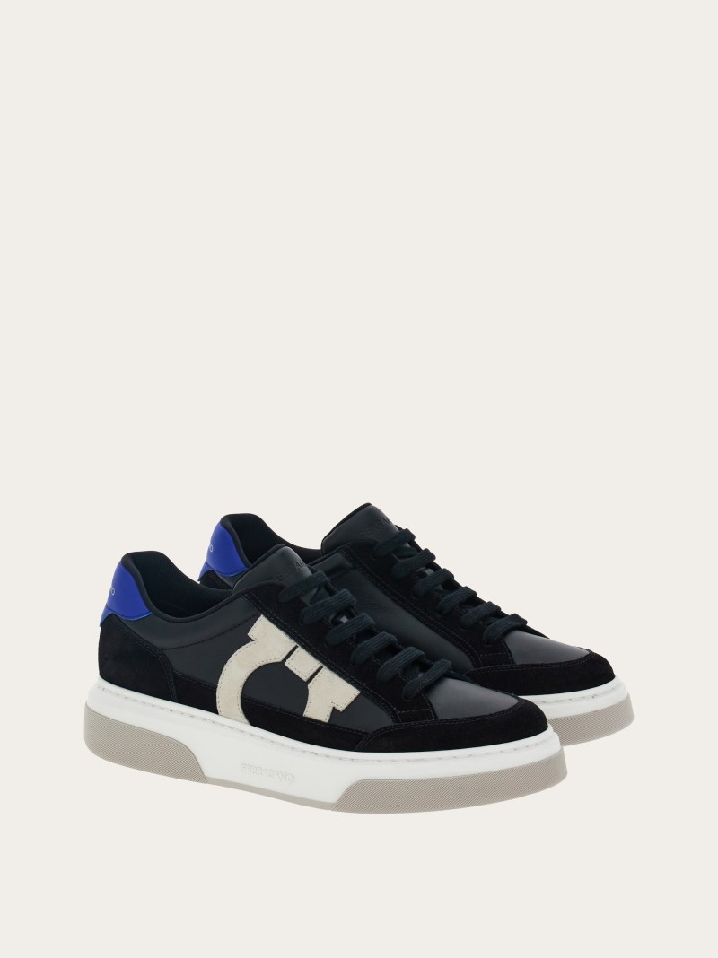 Ferragamo | Men's Low Cut Sneaker With Gancini Outline - Black/Mascarpone