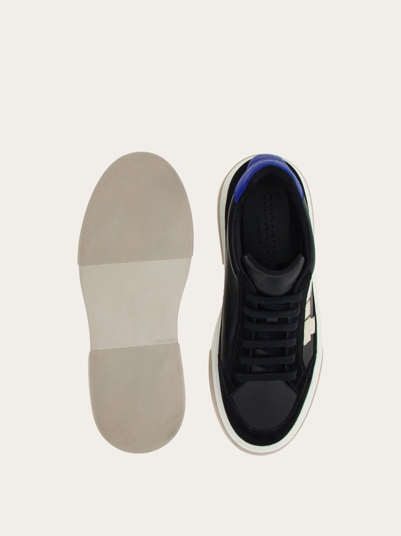 Ferragamo | Men's Low Cut Sneaker With Gancini Outline - Black/Mascarpone
