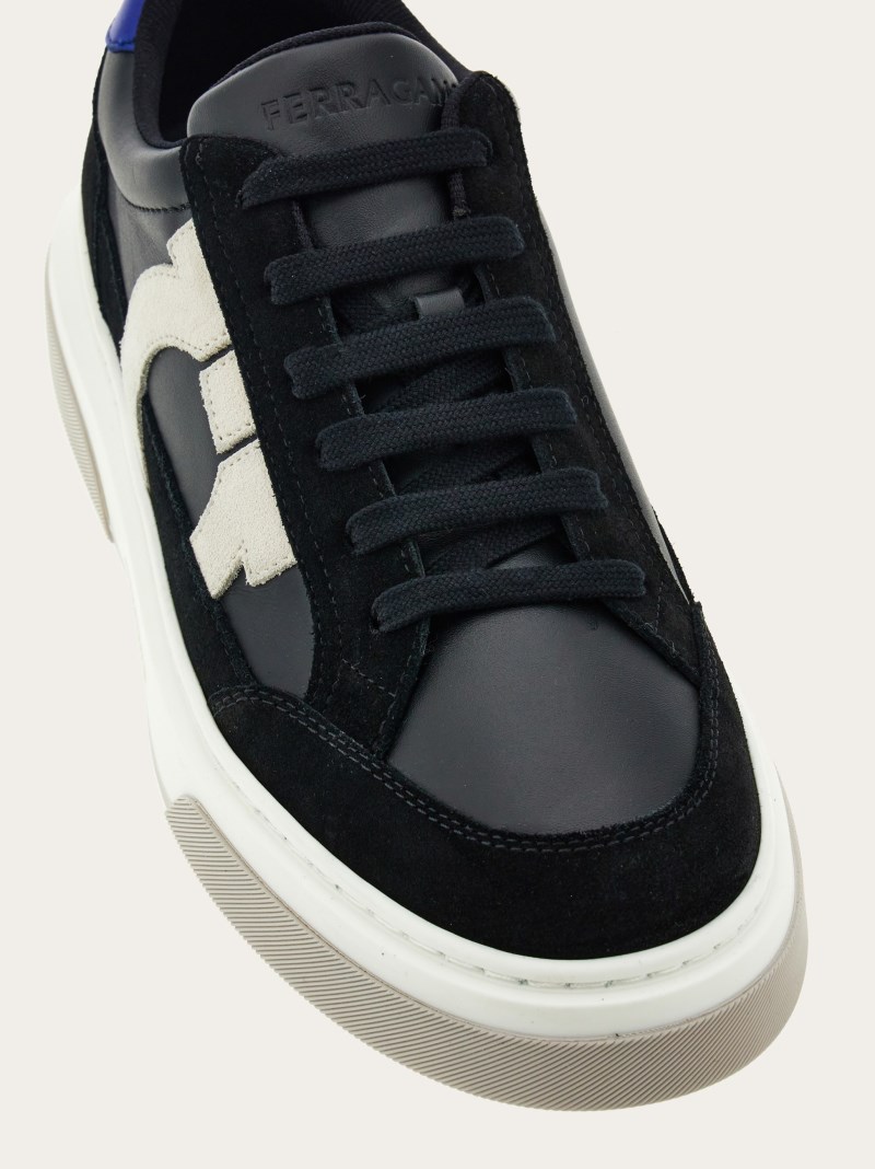Ferragamo | Men's Low Cut Sneaker With Gancini Outline - Black/Mascarpone