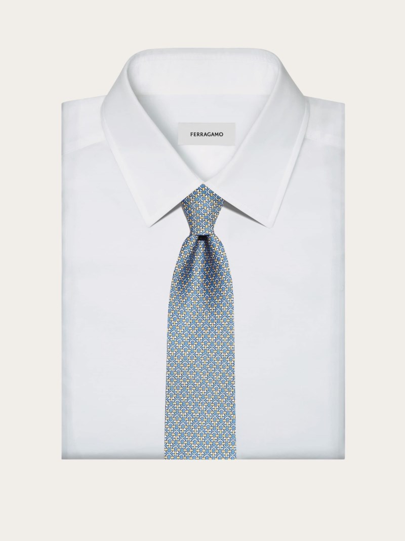 Ferragamo | Men's Gancini Print Silk Tie - Royal Blue/Yellow