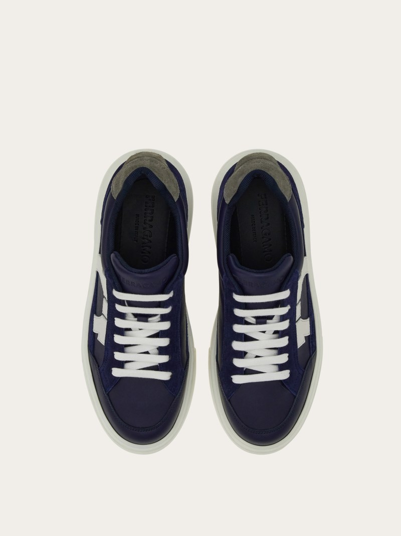Ferragamo | Men's Low Top Sneaker With Gancini Outline - Midnight Blue/Optic White