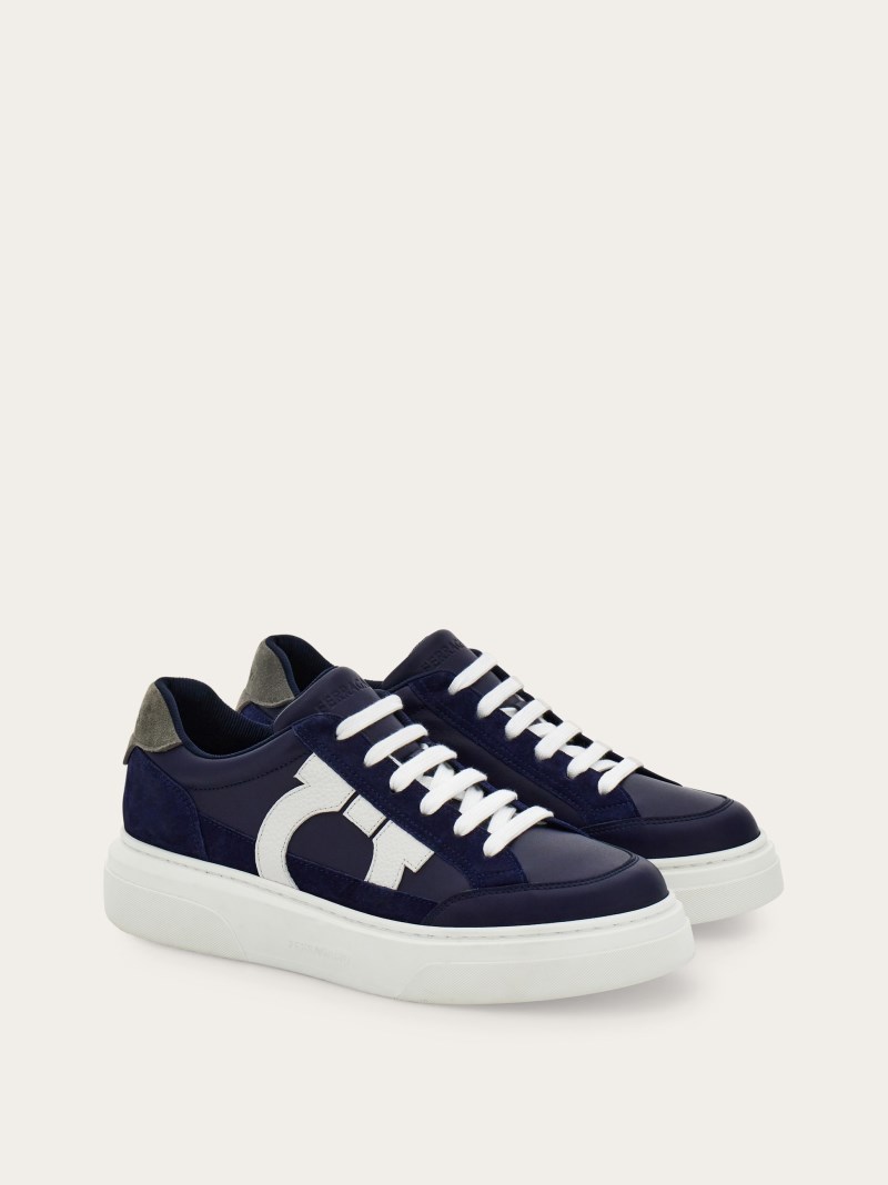 Ferragamo | Men's Low Top Sneaker With Gancini Outline - Midnight Blue/Optic White