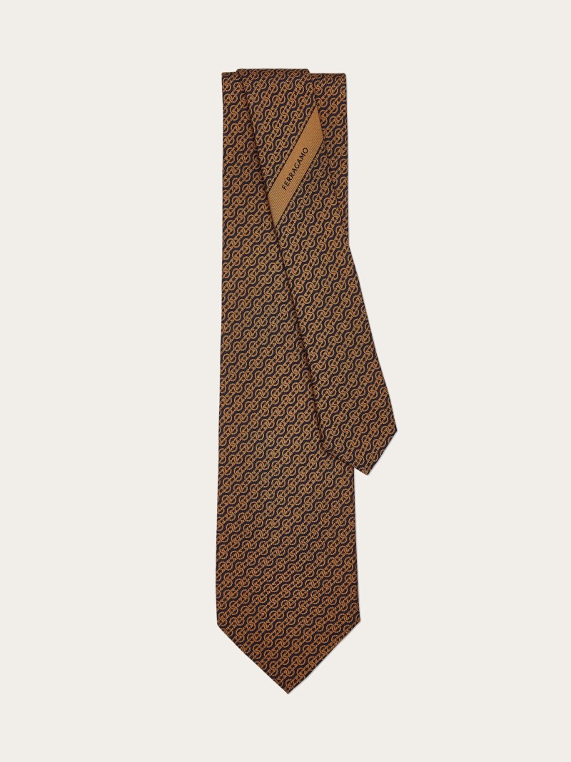 Ferragamo | Men's Woven Print Silk Tie - Dark Blue/Brown