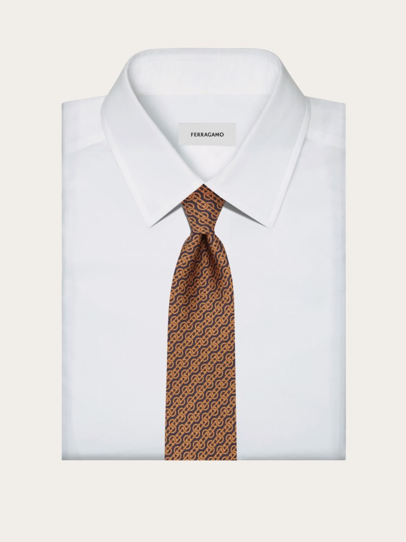 Ferragamo | Men's Woven Print Silk Tie - Dark Blue/Brown