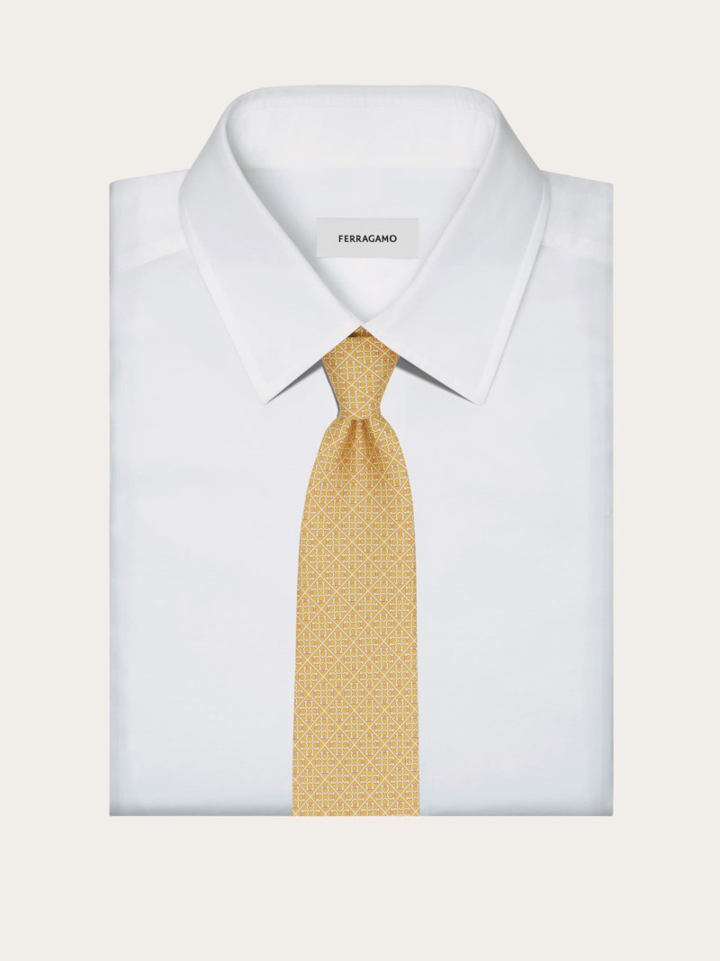 Ferragamo | Men's Square Gancini Print Silk Tie - Yellow
