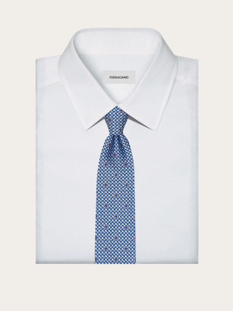 Ferragamo | Men's Gancini Print Silk Tie - Bluette/Light Blue