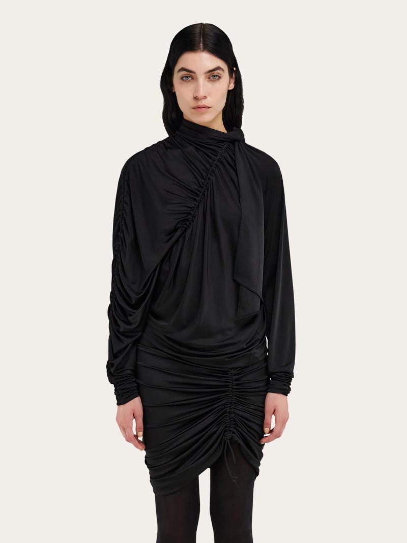 Ferragamo | Women's Long Sleeved Mini Dress With Gathered Detail - Black