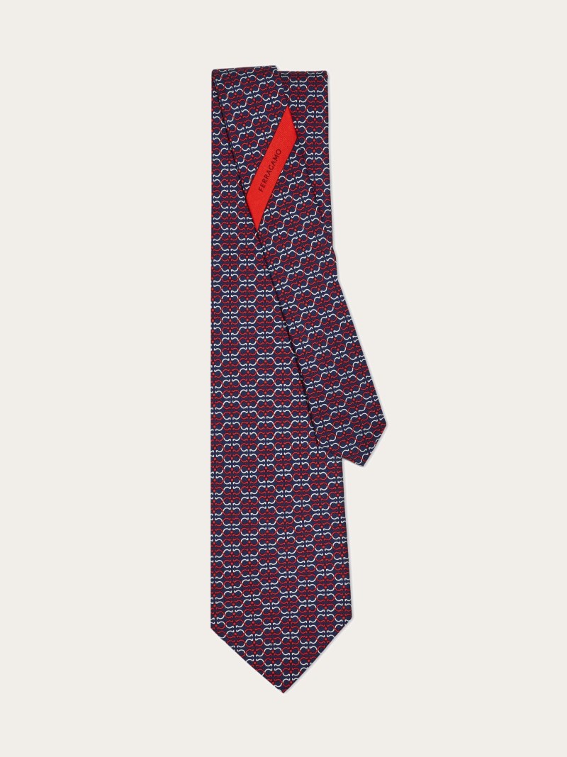 Ferragamo | Men's Gancini Print Silk Tie - Navy Blue/Red