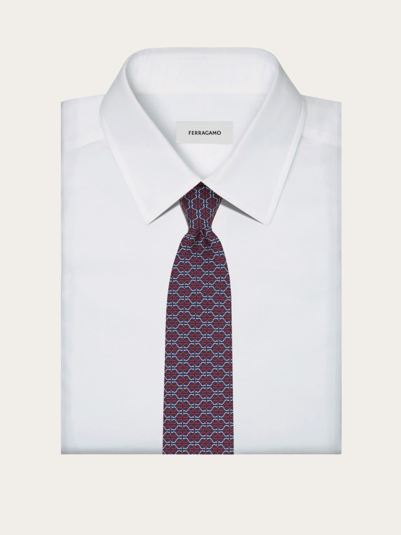 Ferragamo | Men's Gancini Print Silk Tie - Navy Blue/Red