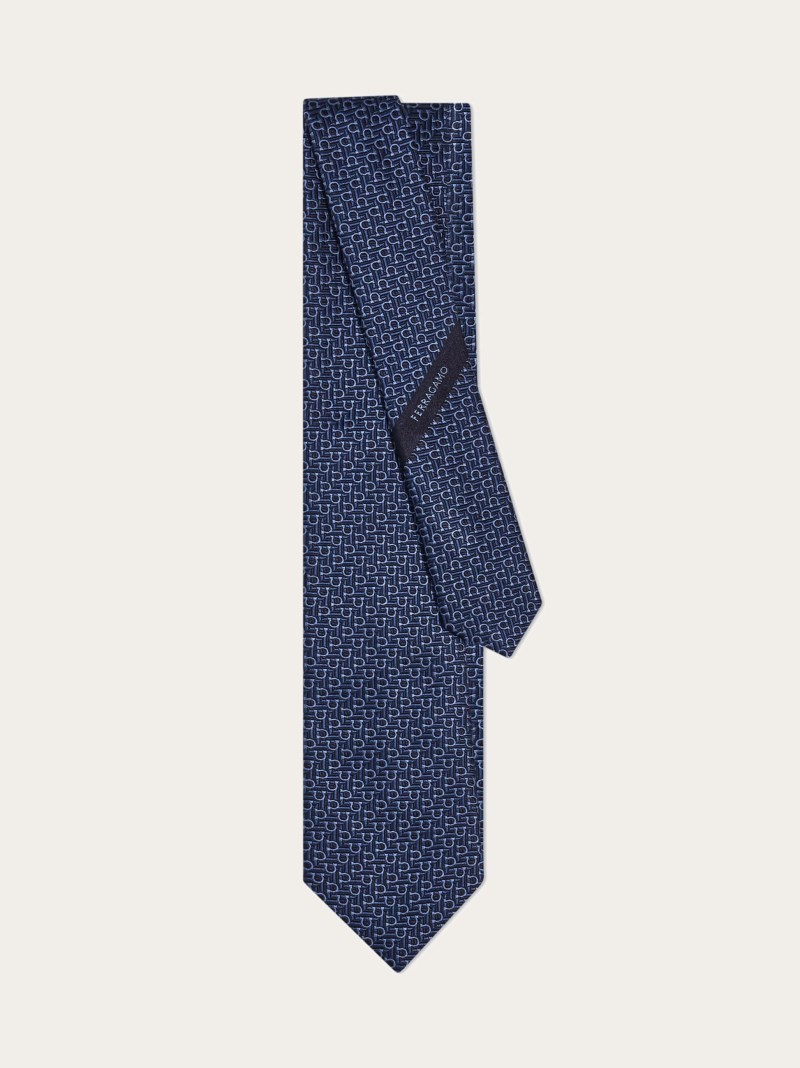 Ferragamo | Men's Jacquard Tie With Diagonal Gancini - Navy Blue