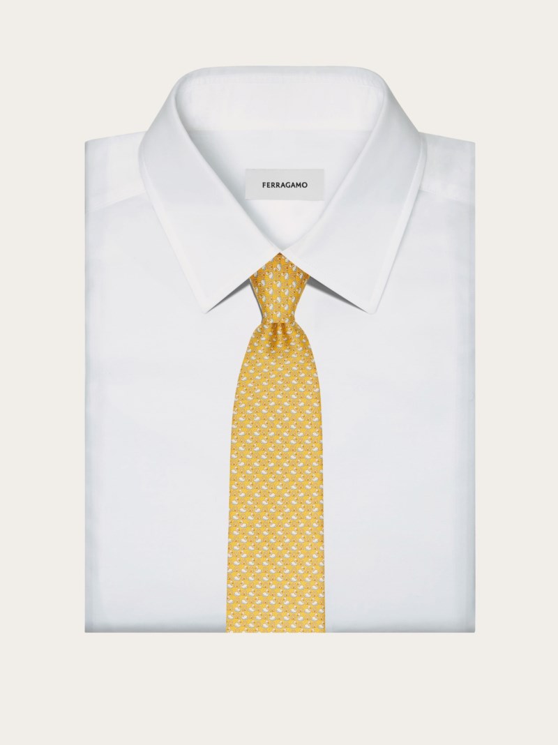 Ferragamo | Men's Swan Print Silk Tie - Yellow