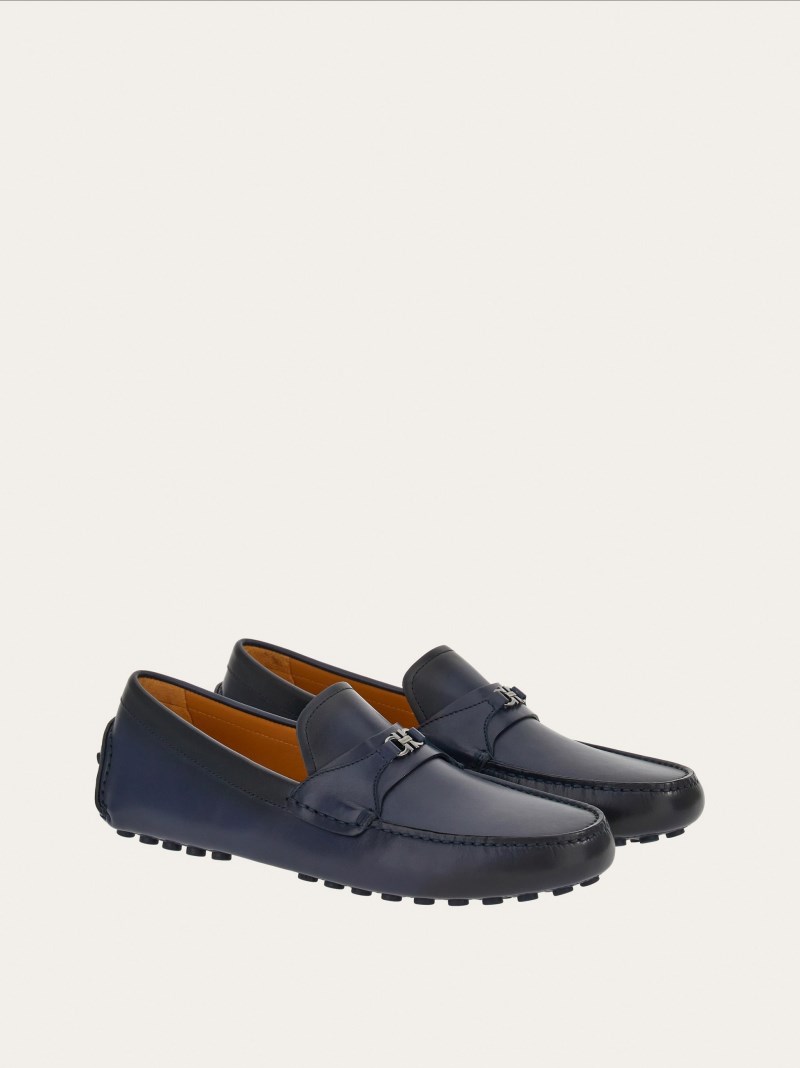 Ferragamo | Men's Driver With Gancini Ornament - Marine Blue/Cookie